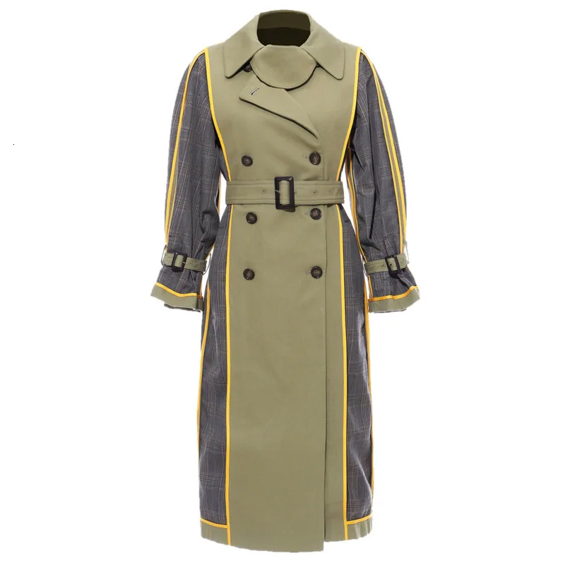 TVVOVVIN Personality Both Row Buckle Patchwork Hit Color Lattice Can Both Sides Clothes Long Fund Windbreaker Loose Coat ZX122