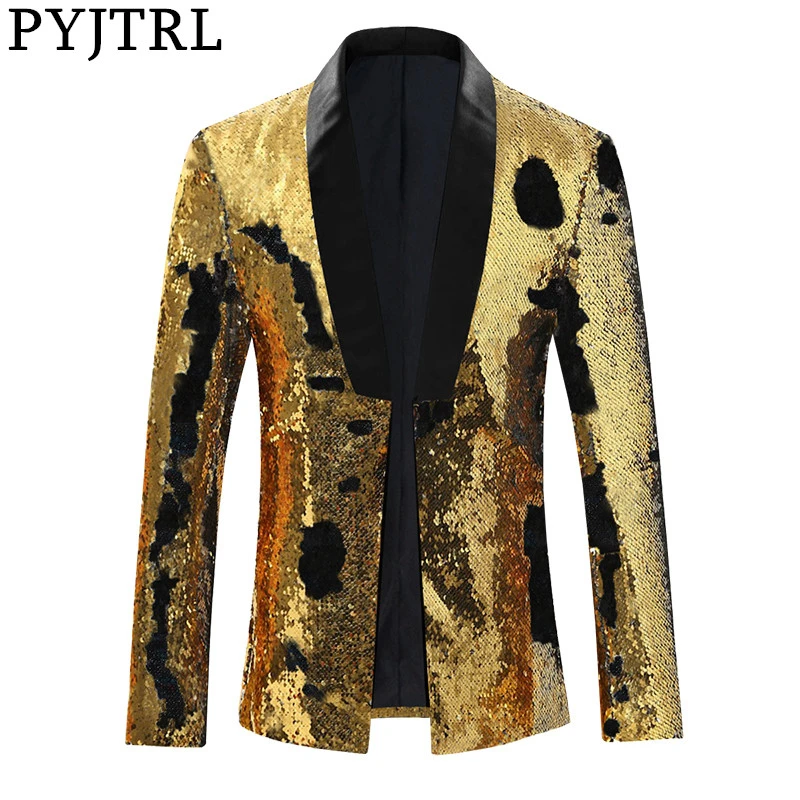 

PYJTRL Tide Men Two-color Gold Black Blue Sequins Blazer Stage Singers Night Club Party Suit Jacket Mens Shiny Paillette Blazers