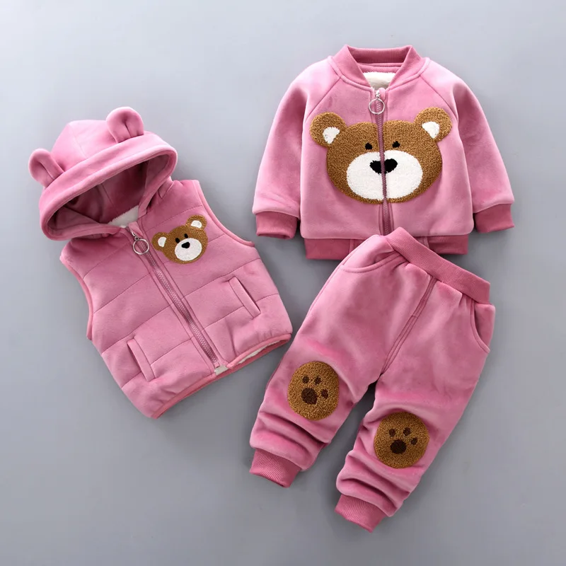 

3pcs Baby Boys Girls Plus Velvet Thick Sweater Thickening Hooded Vest+Sweater+Pant Cartoon Kids Sport Suits Children Clothing
