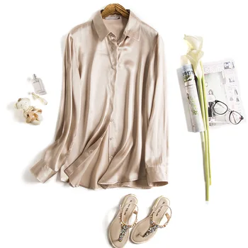 

2020 Basic Commute Spring and Autumn New Style Fold-down Collar Slim Fit Mulberry Silk Shirt Long Sleeve Silk Base Shirt Blouses