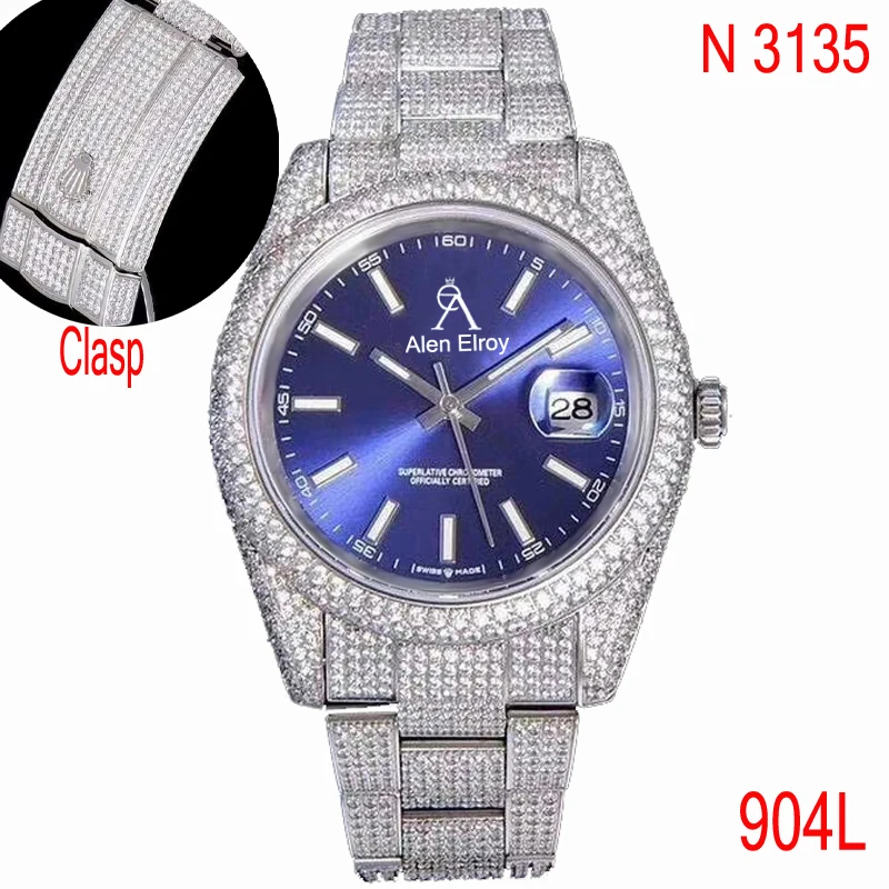Iced out top quality watch Blue dial Date-just- Full Diamonds Clasp Sapphire glass Automatic ETA Noob 3135 movement 1:1 afbeelding