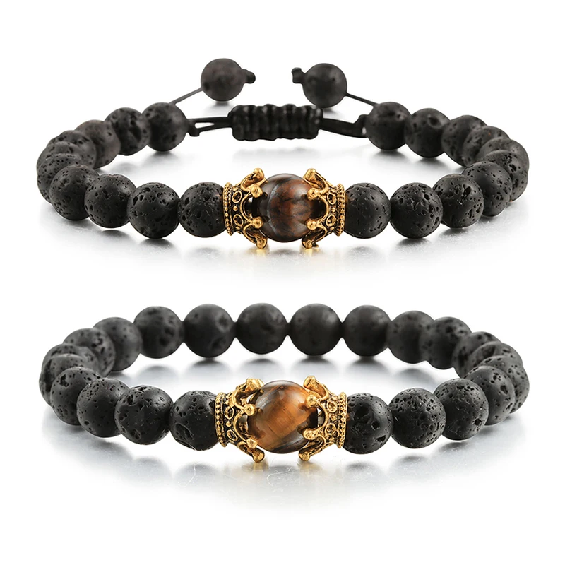 Charm Lava Beads Bracelets for Men Women Natural Volcanic Stone Oil Diffuser Crown Healing Stretch Braided Bracelet Yoga Bangle | Украшения