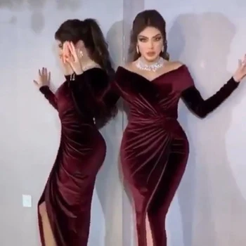 

Burgundy Mermaid Velour Long Sleeve Evening Dresse Side Slit Robe de soiree Islamic Dubai Saudi Arabic Abaya Prom Dress