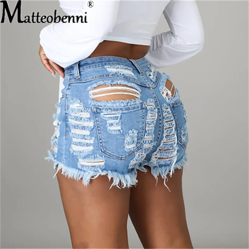 2021 New Light Blue Ripped Cut Out Denim Shorts With Tassel Women Streetwear High Waist Hollow Out Sexy Hole Jean Shorts Female