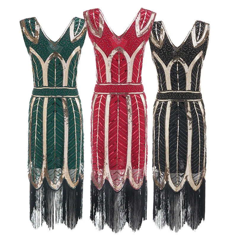 

New Women Vintage 1920s Flapper Great Gatsby Dress O-Neck Cap Sleeve Sequin Fringe Party Midi Dress Vestidos Verano Dress