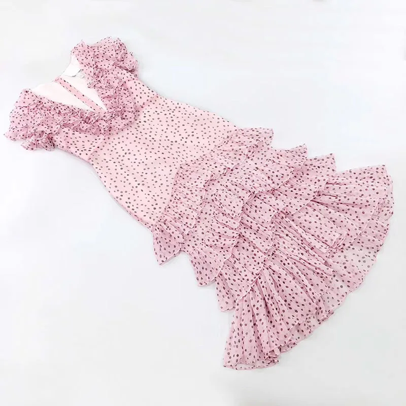 

Top Quality Natural Silk Dresses 2020 Summer Holiday Style Polka Dots Print Layers Ruffles Print Long Sweet Mermaid Dress