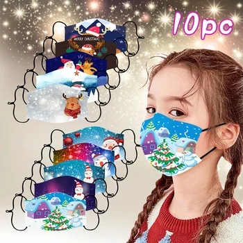 

10Pcs Children's Christmas Mask Mascarilla Masker Dustproof Printed Breathable Face Cover Elk Snowm Masks Masque Mondkapjes