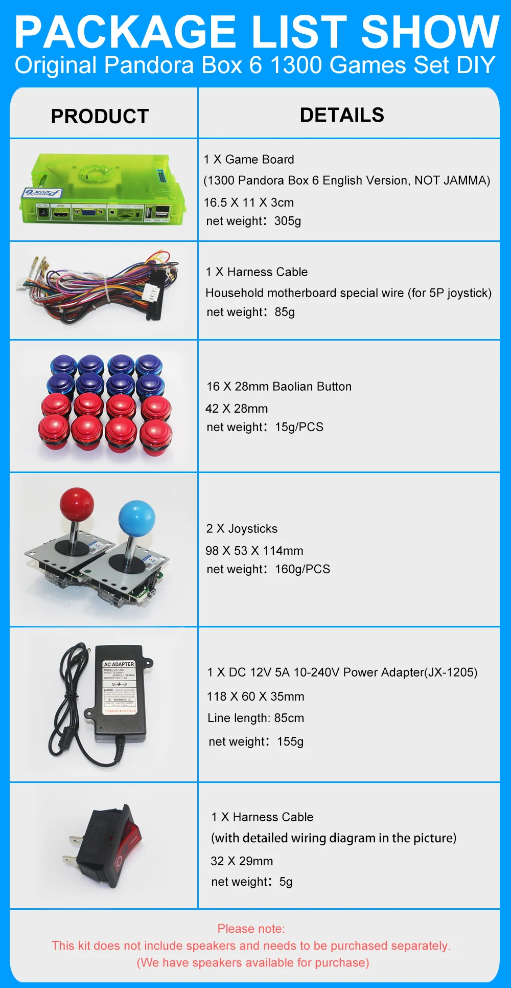 YJX DIY 2 игрока Pandora Box 6 1300 игровой набор аркадный набор кнопочные джойстики аркадная машина 2 джойстика комплект домашнего шкафа