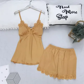 

Sexy Satin 2PCS Pajamas Set Female Strap Top&Shorts Sleepwear Silky Intimate Lingerie Lace Nightgown Casual Home Clothes