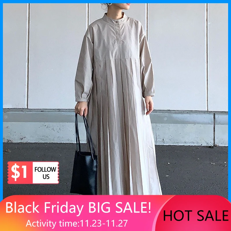 

Women Pleated Dress Spring Autumn Long Sleeve Plain Ankle-Length Loose Oversize Korean Japan Causal Minimalist Long Dresses Maxi