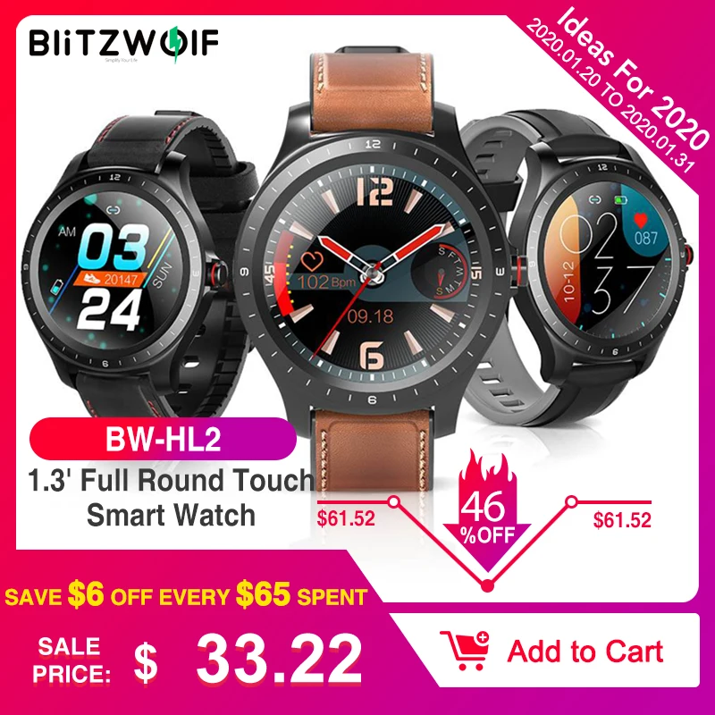 [Bluetooth 5.0] BlitzWolf BW HL2 Smart Uhr 1.3 'Full Round Touchscreen Herzfrequenz Blutdruck O2 Monitor IP68 Wasserdicht Männer Frauen Fashion Business Smartwatch Fitness Tracker Armband Band