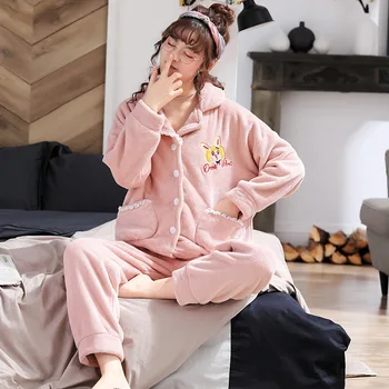

Pajamas For Women 2 Pieces Flannel Winter Warm Pajamas Set Thicken Sleepwear Long Sleeve Cardigan Home Service Femme Pijamas
