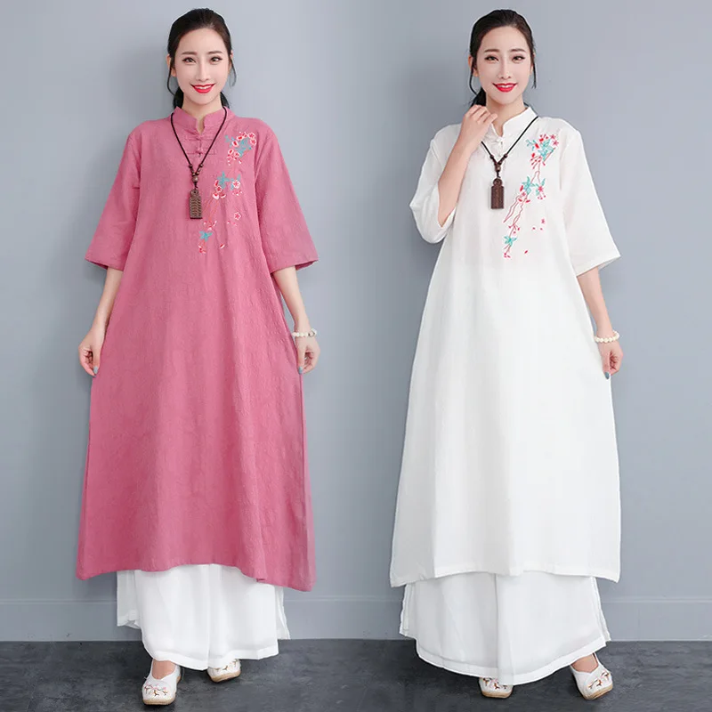 

Photo Shoot Ethnic-Style WOMEN'S Dress Stand Collar Frog Embroidery Loose And Plus-sized Half-sleeve Shirt Jacquard Cotton Linen