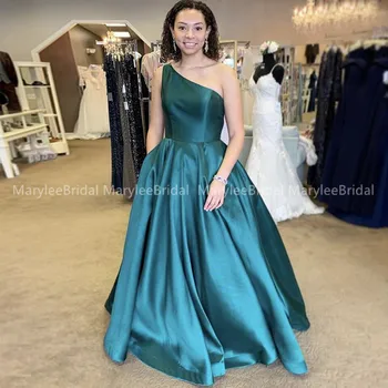 

One Shoulder Turquoise Prom Dress With Pocket Long Princess A-line robe de bal 2020 Top Quality Satin Zipper Back vestidos noche