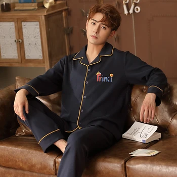 

Men Pajamas Set Autumn Sleep Clothing Cotton Male Simple Nightwea Casual Lounge Long Sleeved Sleepwear Suit