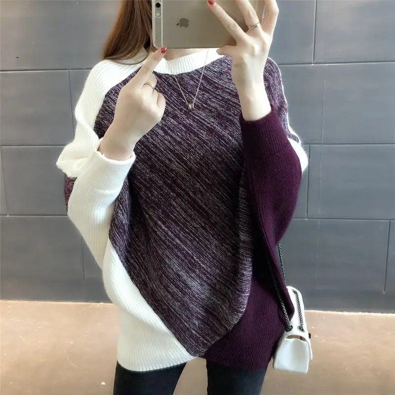 

Autumn and Winter New National Style Bat Sweater Women Pullover Loose round Neck Sweater Student Half-Sleeve Shirt Base Shirt
