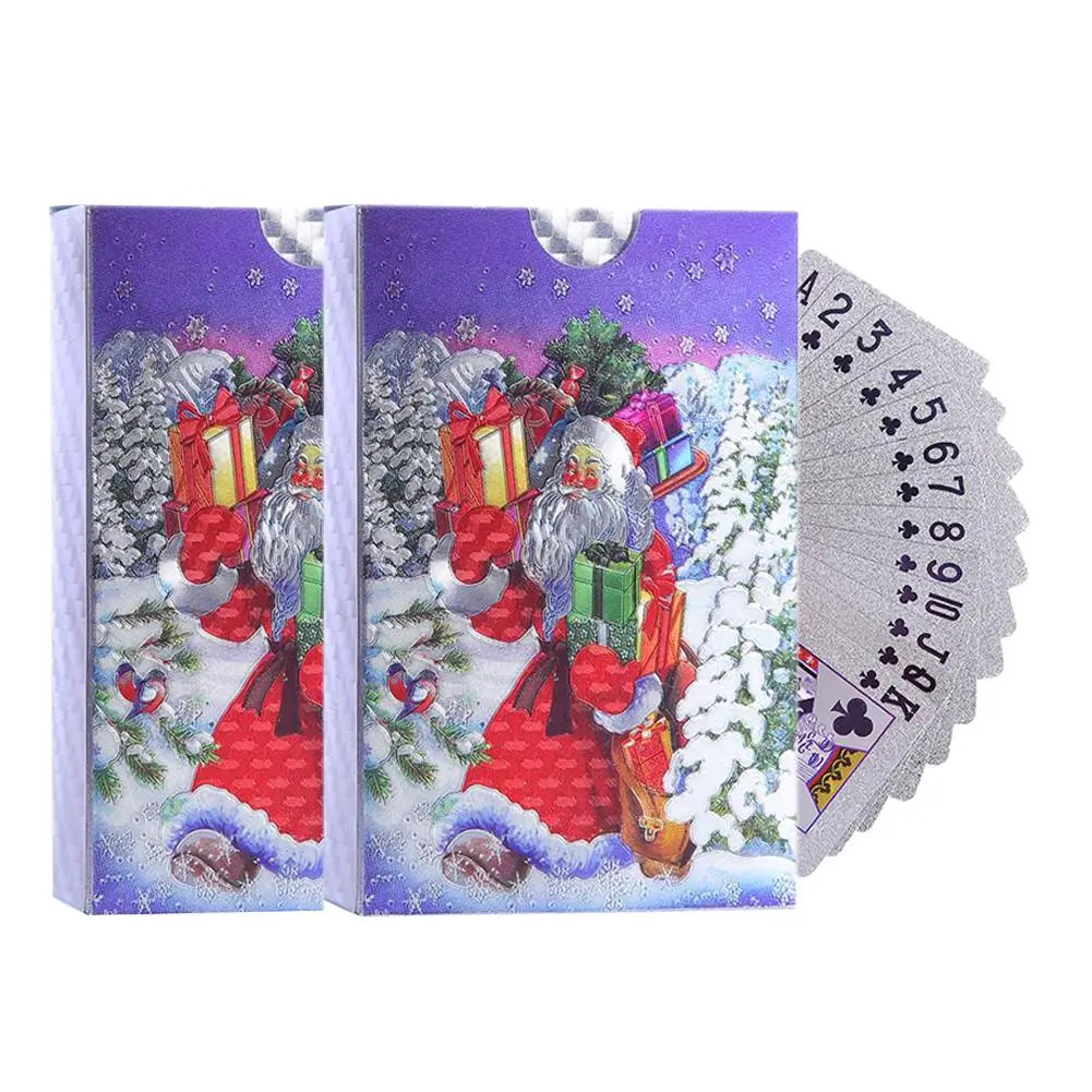 2 Sets Playing Cards With Christmas Pattern Santa Claus Waterproof Silver Foil Poker Board Game Drop Ship | Спорт и развлечения