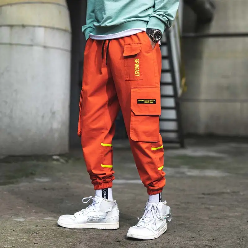 Мужские шаровары с несколькими карманами оранжевые шорты модные брюки для досуга хип-хоп брюки карго уличная Джоггеры для мужчин - Цвет: Оранжевый