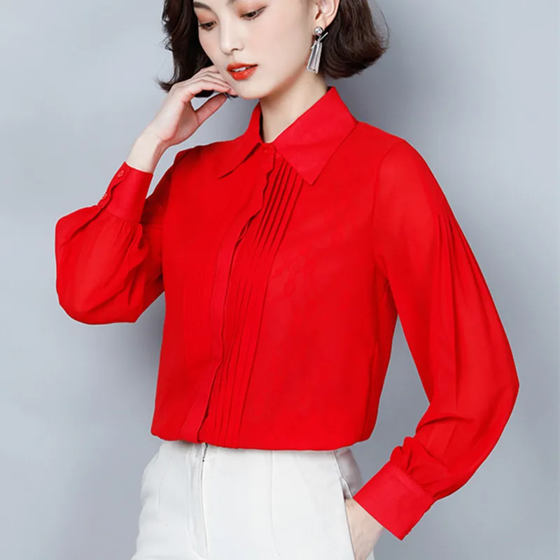 

Korean Chiffon Women Shirts Woman Lantern Sleeve Blouses Ladies Top Plus Size Women Long Sleeve Solid Shirt Blusas Mujer De Moda