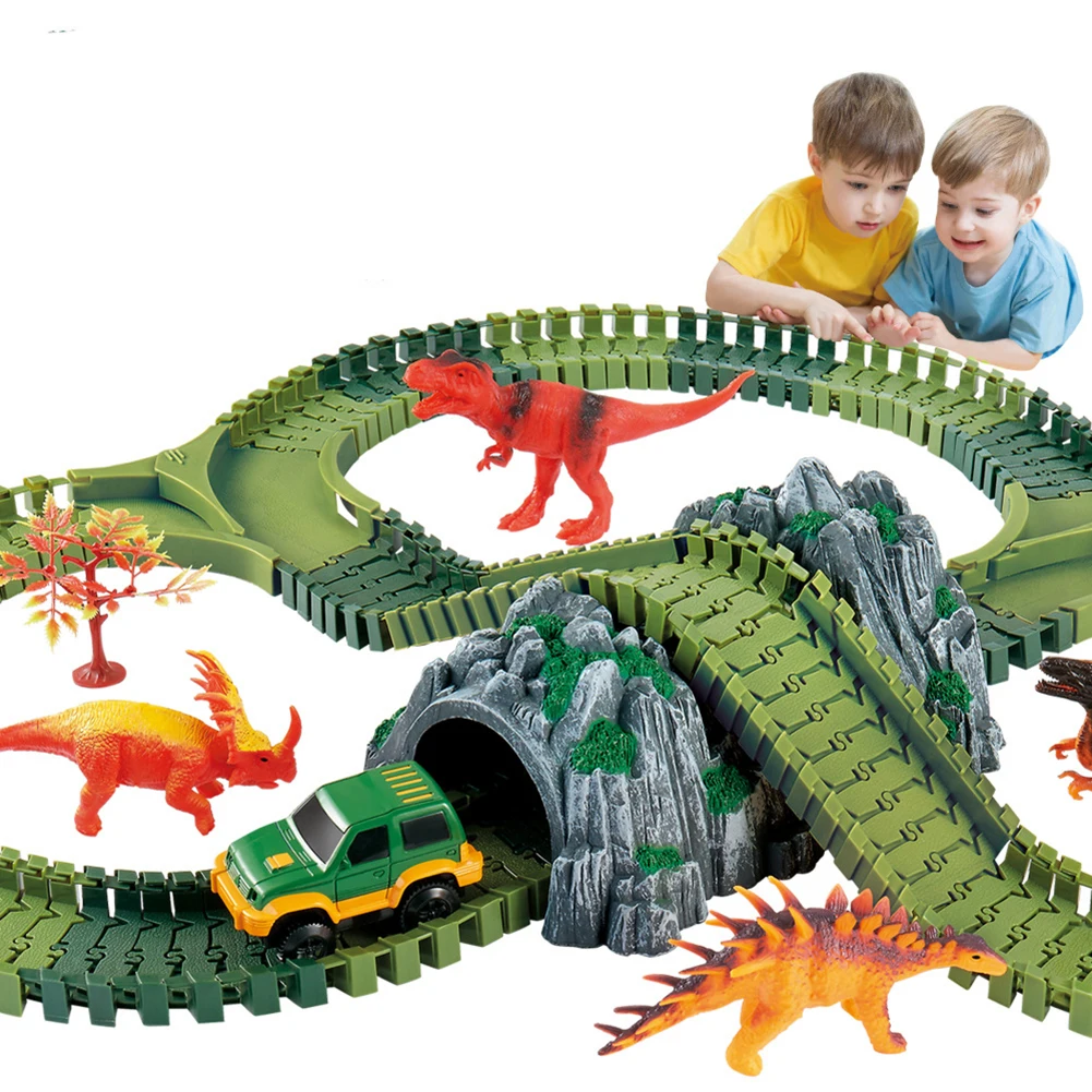 Reimotkon Dinosaur Track Set Toys 192 Pieces Race Tracks Flexible Train Track Race Car Vehicle Playset with 2 Battery Powered Race Cars and 8 Dinosaur Toys，Great for Kids CF1933 