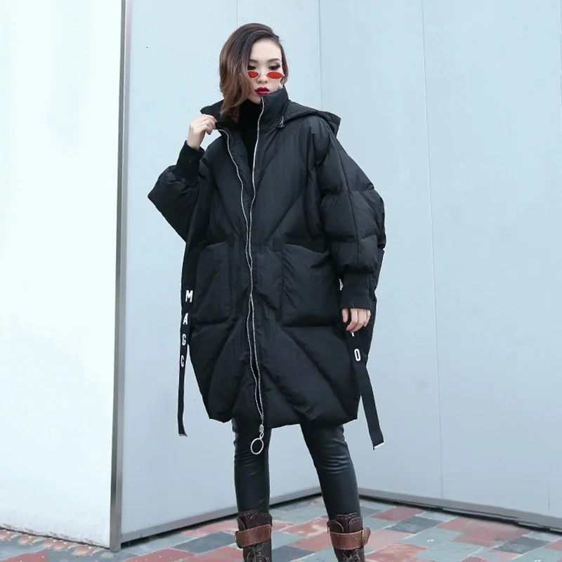 [EAM] Black Ribbon Big Size Hooded Cotton-padded Coat Long Sleeve Loose Fit Women Parkas Fashion New Autumn Winter 1H261