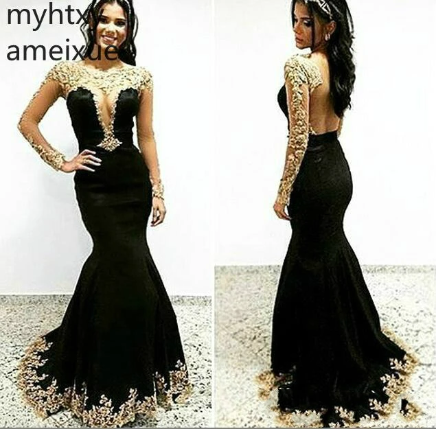 Черный сексуальный prom dress Mermaid золото Длинный Рукав Аппликация вечернее Вечеринка платье изготовление на заказ; большие размеры платье для выпускного вечера нарядное