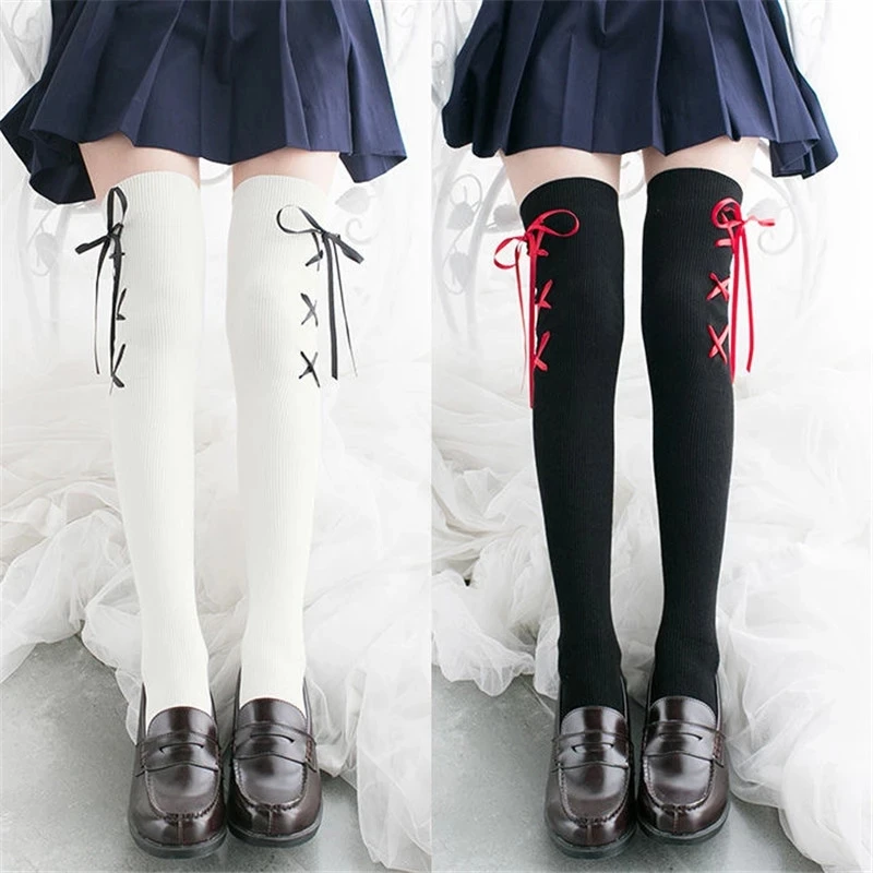 

Women Lolita Stockings Spring Japanese Leggings Kawaii anime girl sock black White Over Knee stocking cross ribbon socks cosplay