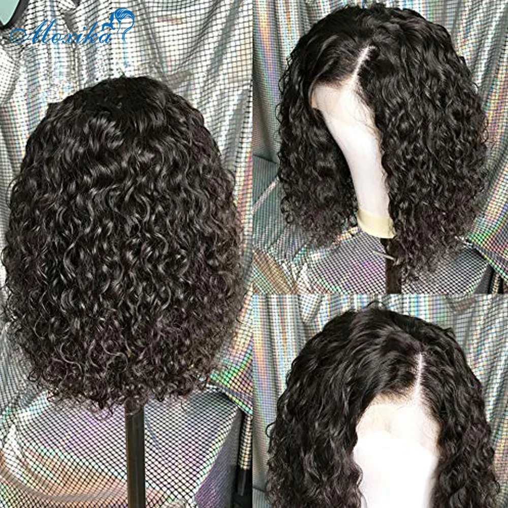 Tanie Moxika 13*4 kręcone ludzki włos koronki przodu peruki z dziecięcymi włosami brazylijski Remy włosy peruki z krótkim bobem dla kobiet Pre oskubane koronkowa peruka