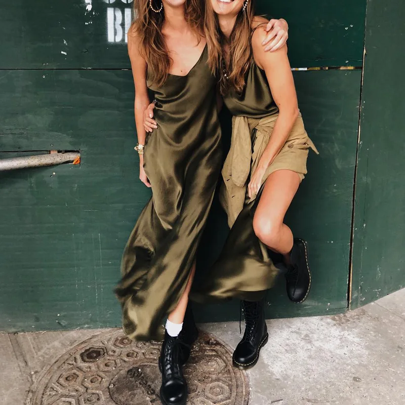 Сексуальная сатиновая Ночная сорочка с v-образным вырезом длинное платье женское