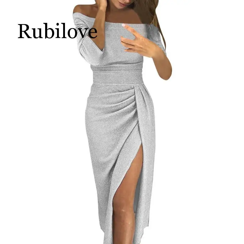 Rubilove с открытыми плечами, с высоким разрезом, облегающее платье, женские блестящие вечерние платья с длинным рукавом, винтажные элегантные платья с разрезом