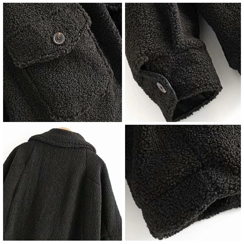 ROHOPO Faux Fur Turn Down Collar Puff Long Sleeve Black Jacket Coat Covered Buttons Fly Side Flaps Welted Pocket Outwear#9502