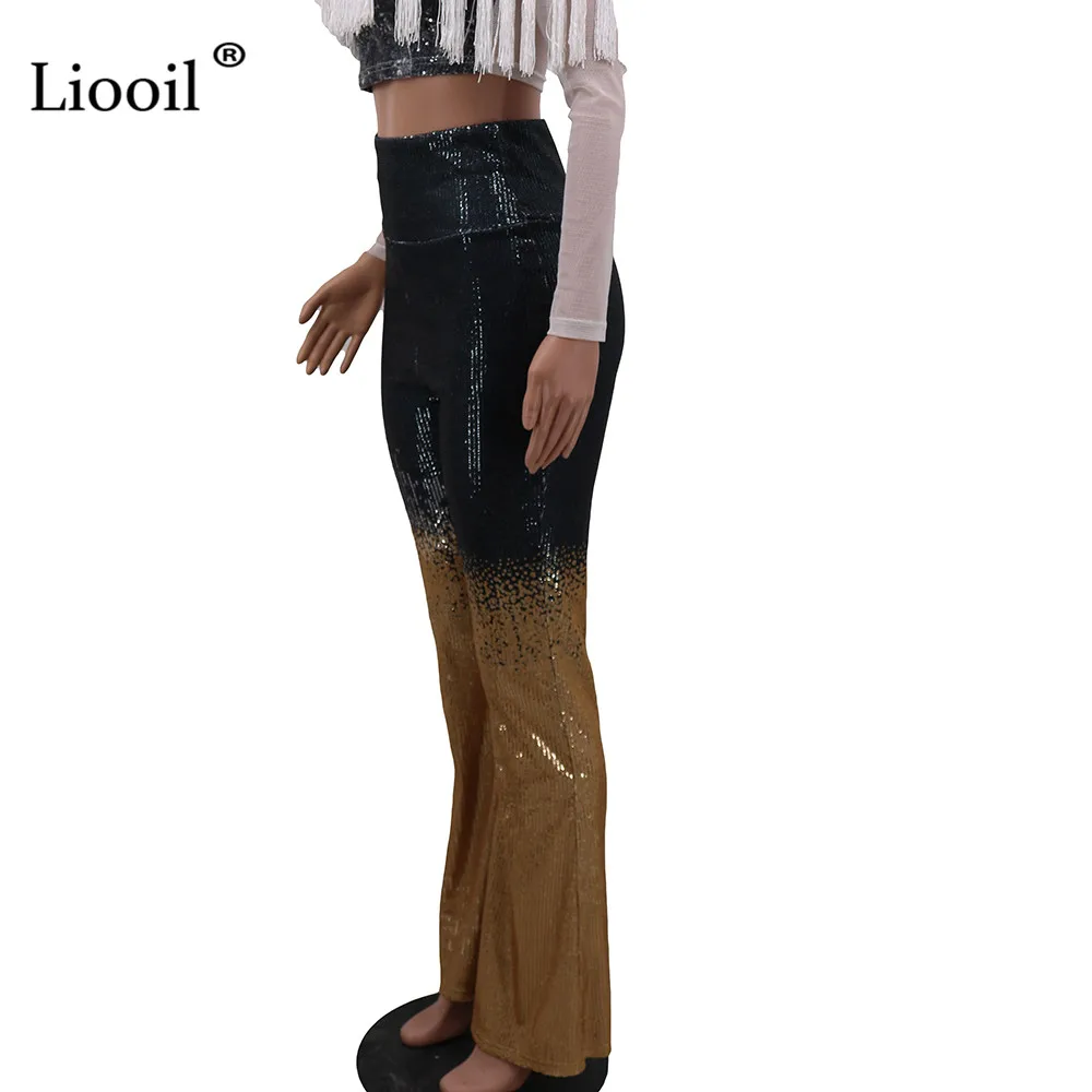 Liooil, цветные, с блёстками, с высокой талией, расклешенные брюки,, уличная одежда, обтягивающие брюки, женские, черные, клеш, сексуальные, Клубные, длинные штаны