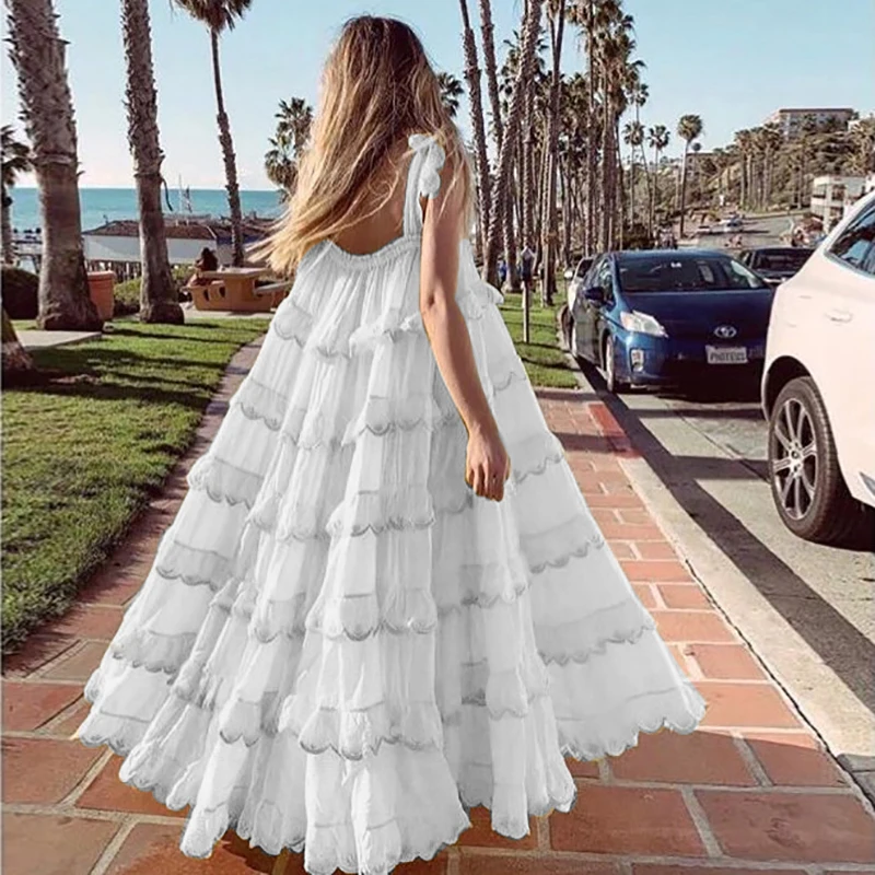 WHITNEY WANG весеннее летнее модное богемное платье с кружевными лямками, многослойное длинное платье, женское пляжное платье для отдыха