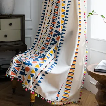 

Colorful boho style curtain Bay window Cotton linen curtain HD Printed American 1.5m Geometric patterns living room curtain