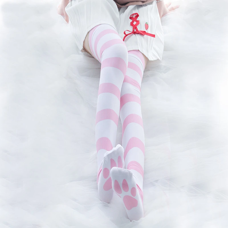 

Japanese Girls Pink Stripe Pattern Cat Claw Printed Stockings Lolita 120DVelvet Overknee Tights Socks Cosplay Overknee Stockings