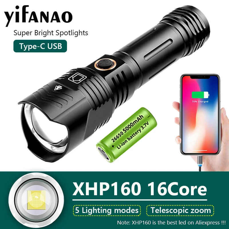 Linterna LED XHP160, linterna con Zoom recargable por USB, luz de Flash táctica impermeable IPX6, 16 núcleos, - AliExpress Luces e iluminación