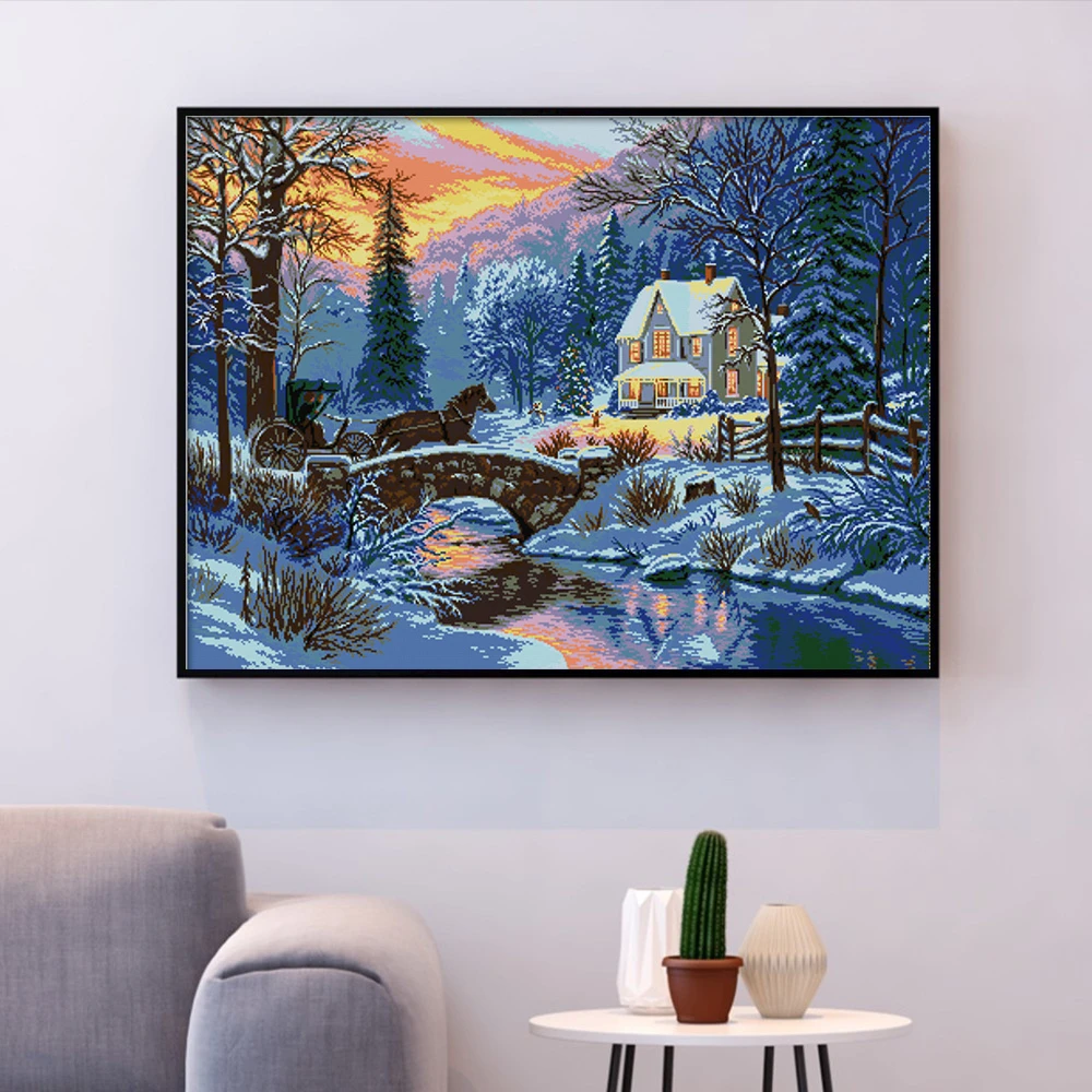 

HUACAN Cross Stitch Winter Scenery Needlework Sets For Full Kits White Canvas DIY Embroidery Snow Landscape Home Decor 14CT