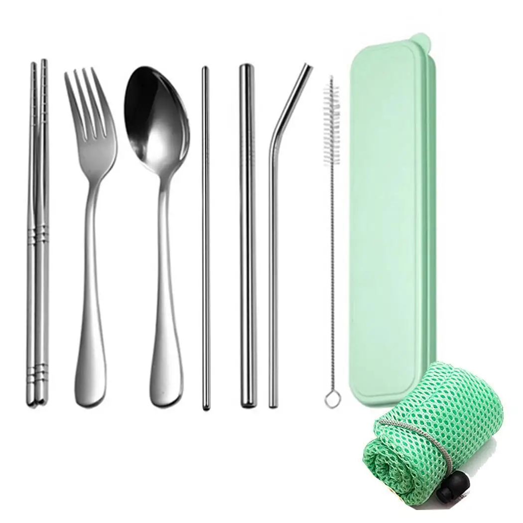 7PCS Portable Outdoor Tableware Stainless Steel Set Travel Travel, Cutlery Set 20cm Blue/Green/Pink/Yellow - Цвет: pink