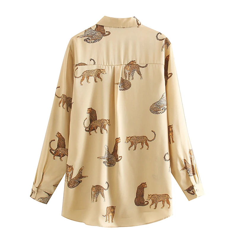 Fashion Za Women Shirt Vintage Animal Printed Turn-Down Collar Shirts Blouses Loose Ladies Long Sleeve Blusas Tops