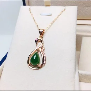 

Natural Hetian Jasper Charm Pendant 925 Silver Emerald Gilt Chain Swan Shape Design Blessing Lucky Necklace Gifts