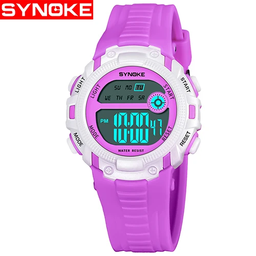 purple 1 SYNOKE спортивные детские часы для мальчиков и девочек, модные светодиодный цифровые часы для детей, 3M водонепроницаемые наручные часы, часы с датой и неделей - Цвет: purple 1