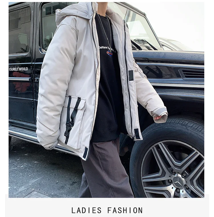 Winter Short Coat Men Warm Thick Parka Men Fashion Reflective Strip Hooded Coat Man Streetwear Loose Tooling Jacket Male Clothes
