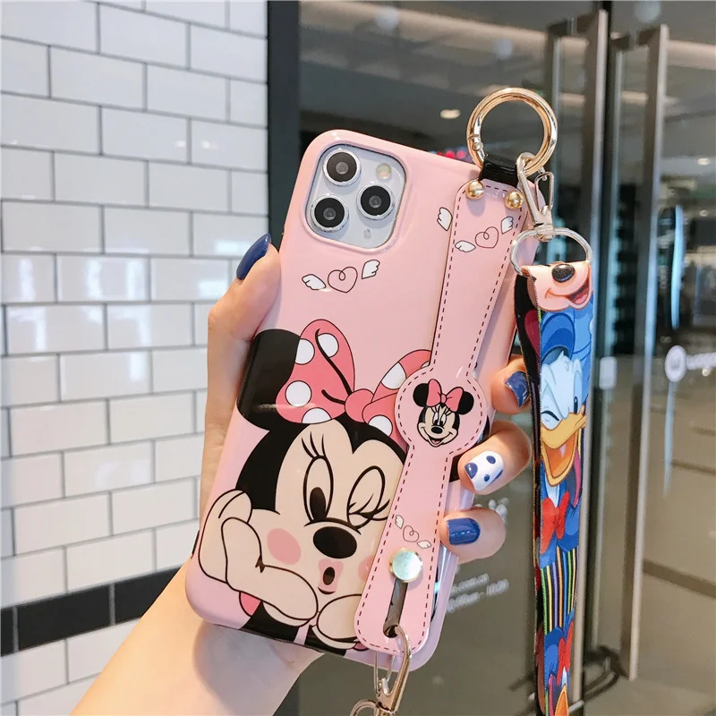 Disney Cartoon Mickey Minnie Mouse Daisy Donald Duck Wrist Strap Lanyard Phone Case For IPhone 12 Pro Max 11 7 8 Plus X XR SE XS
