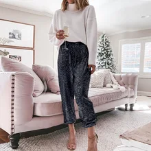 

Women Spring Sexy Gold Sequin Beam Leg Pants Shiny Wide Party Harem Pants High Waist Lace Up Casual Elegant Trousers Streetwear
