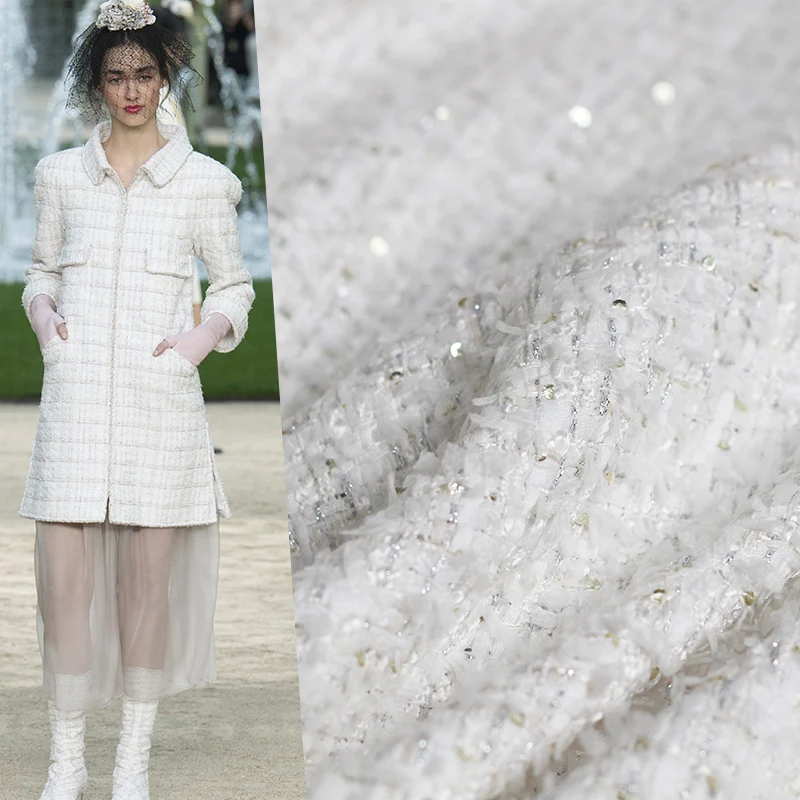 Перламутровый шелк Франция белые блесток твидовые ткани осенний пиджак платье костюмы материалы для одежды швейная ткань метр