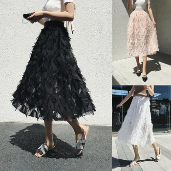 

Spring Fashion Long Feather Skirt Womens Korean Style Solid Elegant High Elastic Waist Maxi Skirt Dropship Freeship Pink Black