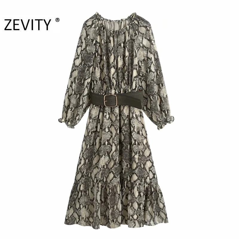 ZEVITY women vintage snake skin print sashes midi dress female animal texture pleated ruffles kimono vestido chic dresses DS4474