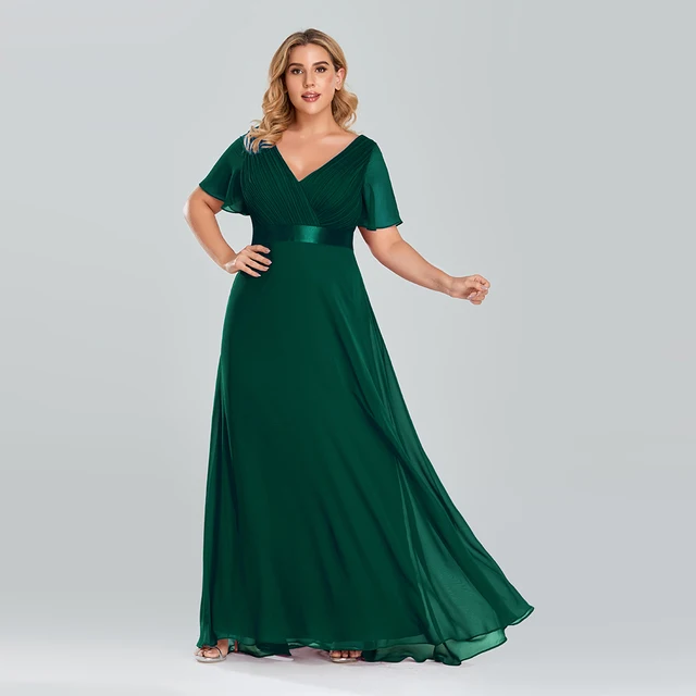 Plus Size Evening Dresses Long XUCTHHC Elegant A Line V Neck Ruffles Chiffon Formal Wedding Party Dress Robe De Soiree 2021 Dark Green