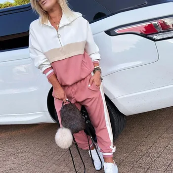 

2 Piece Outfits for Women Colorblock Zipped Hooded Top & Drawstring Design Pant Sets Casual Joggers Suit Sets