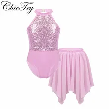 ChicTry, с блестками, для девочек, с лямкой на шее, для балета, гимнастики, трико с асимметричным подолом, шифоновая юбка, комплект одежды, балетное платье